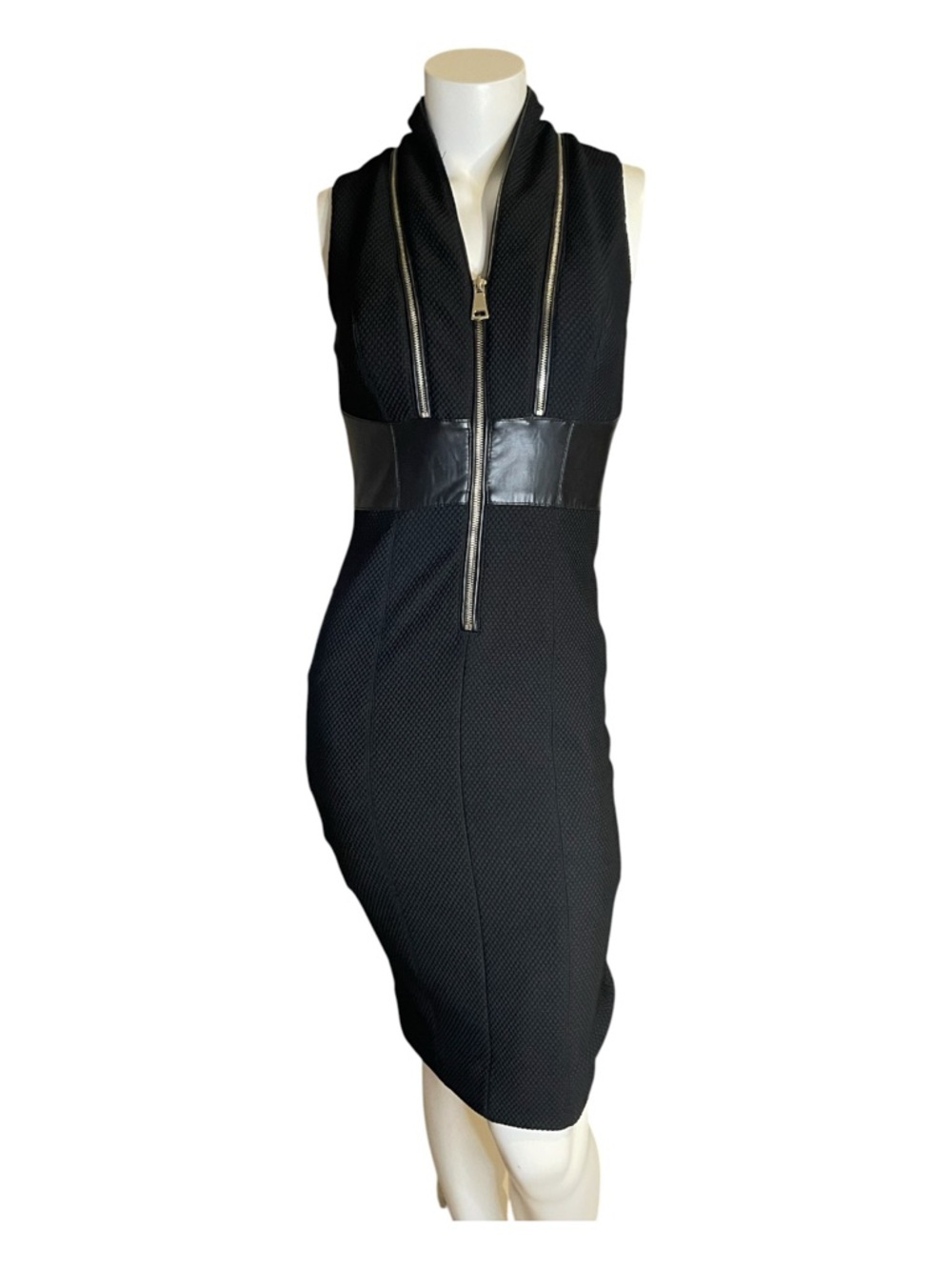 Sleeveless Black Midi Bodycon Dress with Front Zip and Leather Waist and trim